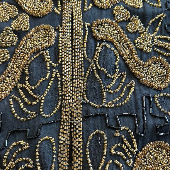 Land Mark Silk Beaded Jacket Medium Black Gold Glam Holiday Party Goth Vintage - Picture 16 of 16